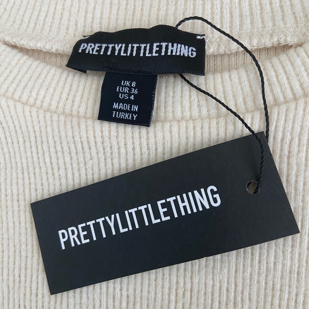 PrettyLittleThing Cream Ribbed Crew Neck Top - Picture 2 of 5